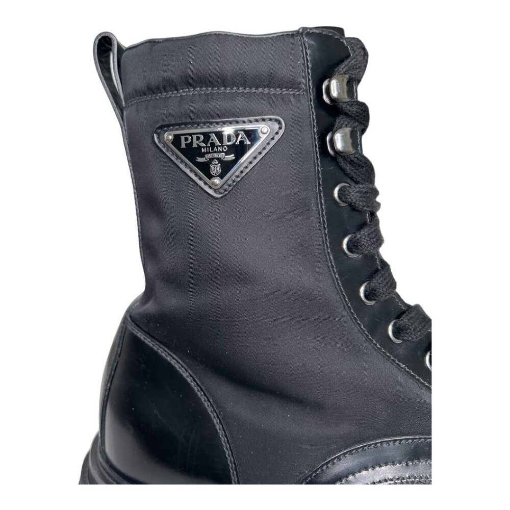 Prada Brushed Rois Leather and Nylon Lug Sole Combat Boots - Picture 9 of 12